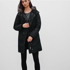 Aritzia Black Mid Length Parka with Faux Fur Hood